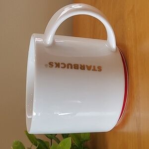 STARBUCKS Retired 2012 Stackable Mug, White With Red Stripe, Gold Lettering